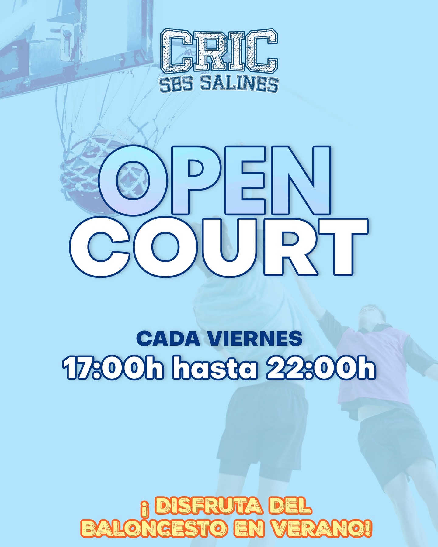 Ses Salines Open CourtDesde el CRIC Ses Salines queremos potenciar el baloncesto libre y lúdico durante el periodo estival, para ello cada viernes hasta finales de agosto por las tardes de 17:00h a 22:00h las pistas estarán a disposición de los y las jugadoras del Club y simpatizantes.Normas:- Traer pelota propia.- Pista 1 canastas mini.- Pistas 2-3 canastas senior.- Pista central: no utilizar.- Promover los grupos de juego libre variado e inclusivos. JUEGA TODO EL MUNDO.- Prohibido ENTRENAR, es decir, no son bienvenidos los grupos cerrados con entrenador/a y ejercicios reglados.- Prohibida la utilización de material de entreno como conos, sillas, bancos, marcador, etc…- Cuidado de materiales e instalaciones.- Las DUCHAS Y EL GYM NO se pueden utilizar.- LIMPIEZA: recogemos nuestros resíduos, promover el uso de los contenedores de reciclaje.- Uso de calzado y ropa deportiva adecuada (ejemplo: botas tacos NO).- El personal del Club tiene la potestad de terminar cualquier actividad e incluso cerrar la instalación si considera que se están vulnerando cualquiera de las normas anteriores.- NO SE ATIENDE AL CUIDADO DE MENORES, RESPONSABILIDAD EXCLUSIVA DE SUS PADRES/MADRES/TUTORES.